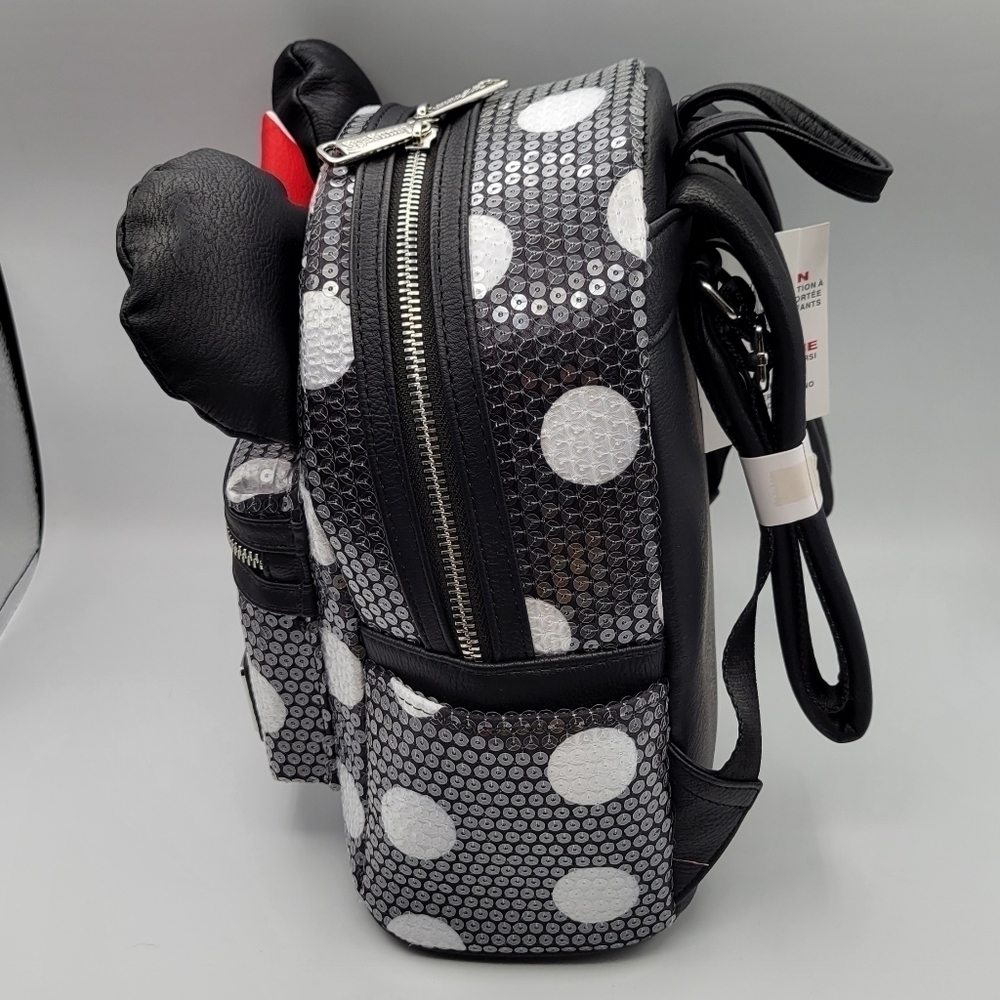 Loungefly Disney Minnie Mouse Sequined Polka Dot Black White Backpack - Picture 3 of 7